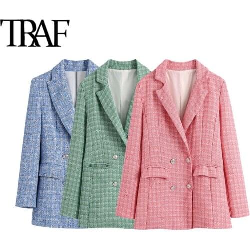 TRAF Women Fashion Double Breasted Tweed Blazers Coat Vintage Long Sleeve Pockets Female Outerwear Chic Veste Femme