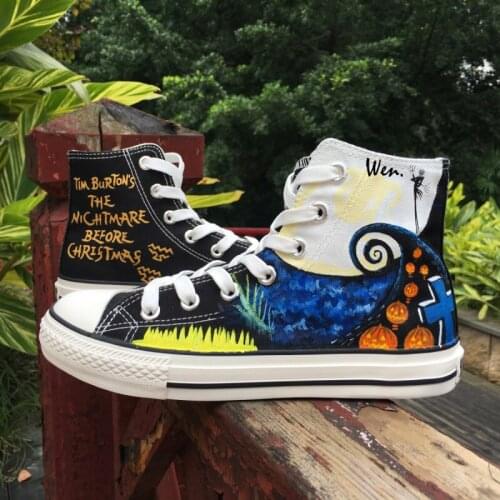 Wen Black Hand Painted Shoes Design Custom Nightmare Before Christmas Men Womens High Top Canvas Sneakers Christmas Gifts