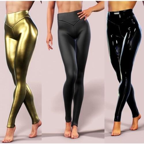 Bright PU Faux Leather Leggings Women Skinny High Waist Push Up Leggings Gold Metallic Fitness Punk Rock PU Pants Plus Size New