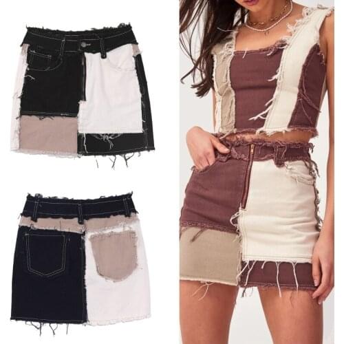 40GC Women Mid Waisted A-Line Denim Mini Pencil Skirt Color Block Patchwork Vintage Distressed Frayed Tassels Zipper Streetwear