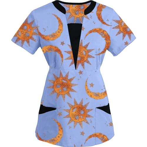 2021 Summer New Workwear Top for Women Ladies Plus Size Hot Sale Cartoon Printed Short Sleeve Sexy V-Neck Nurse Uniform Blouse