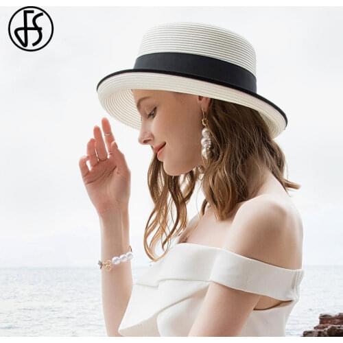 FS White Sun Hats Women Wide Brim Floppy Straw Hats For Summer Beach Elegant Big Bow Ribbon Fedora Ladies Fedora Chapeau Femme