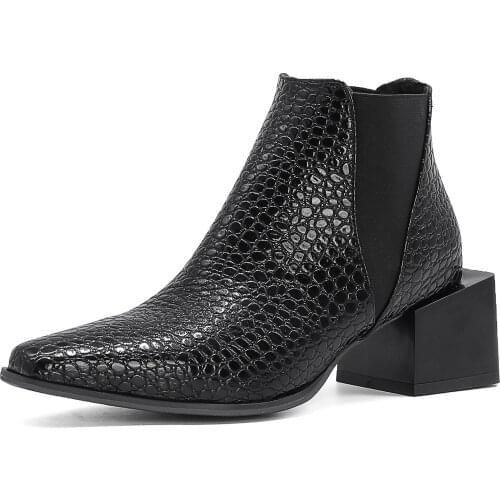 Women Stylish Black White Brown Pointed Toe Ankle Boots Square Heels 5cm With Snake Print for women 2020 Trend