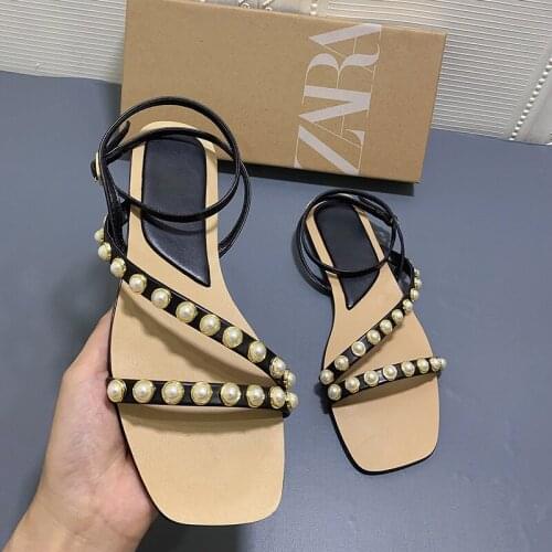 Summer New Womens Beach Shoes Black Pearl Womens Sandals Casual Open Toe Low Heel Womens Slippers Sandalias Mujer