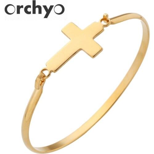 ORCHYO Gold And Silver Color Concise Cross Stainless Steel Bangle Women Girl USA Best Christian Gift Wholesale