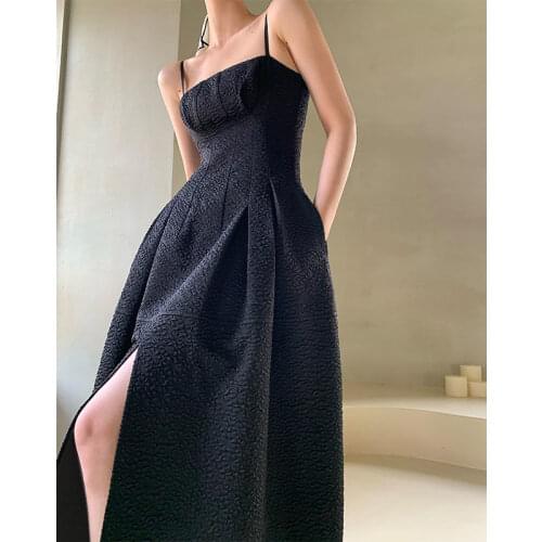 Woman sling dress 2021 summer retro black high-end fashion split sling long dress female