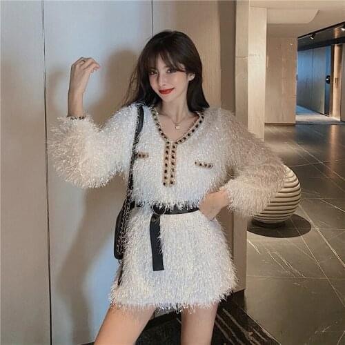 Womens Autumn New Mid-Length Slim Long-Sleeved V-Neck Fringed Stretch Dress Party Female Belt Sexty