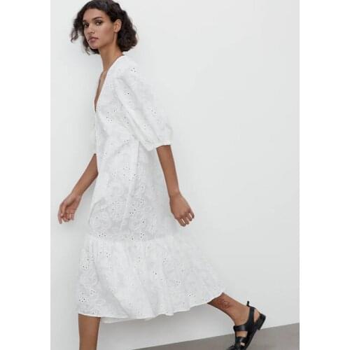 ZA Summer Women Dress White Hollow Embroidery Dress V-neck Ladies Dress Elegant Girls Fashion Half Sleeve Causal Outfits