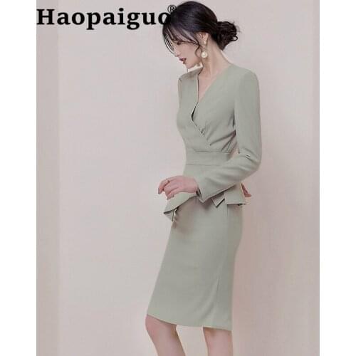 Plus Size Solid OL Work Office Dress Women Long Sleeve Bodycon Wrap Dress Women Patchwork Corset Autumn Dress Women Fall Clothes
