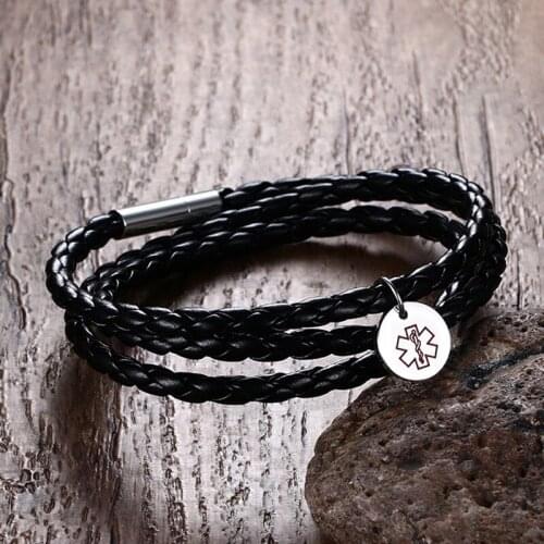 Stainless Steel Black Wrap Leather Medical Alert ID Bracelet Free Custom Engraving