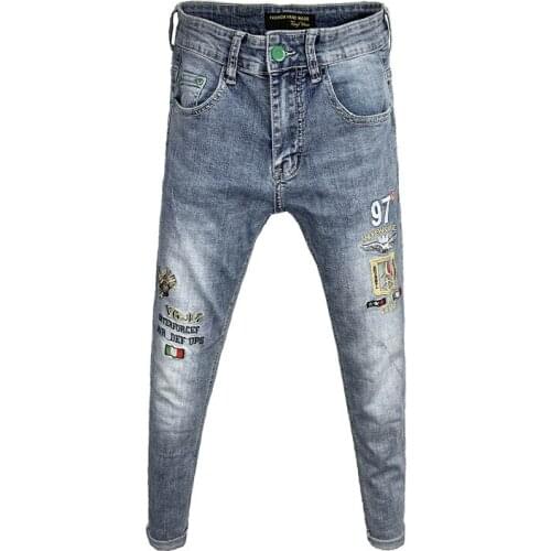 Spring and summer jeans mens personality embroidered ankle length trousers brand light blue all-match small feet pencil pants
