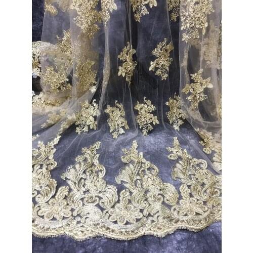 European style glittering apricot gold sequins embroidery flower net yarn lace garment designer fabric