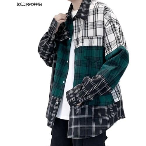 Patchwork Men Plaid Casual Shirt Turn Down Collar Long Sleeves 2021 New Checkered Pattern Loose Camisas