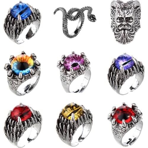 Retro Gothic Punk Men Rings Trendy Alloy Cats Eye Stone Male Rings Jewelry Halloween Accessories Finger Ring Open Adjustable