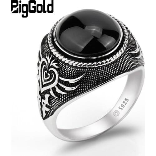 Punk Real 925 Sterling Silver Men Ring with Black Big Natural Stone Ring Poker Pattern Turkish Handmade Jewelry for Men Women