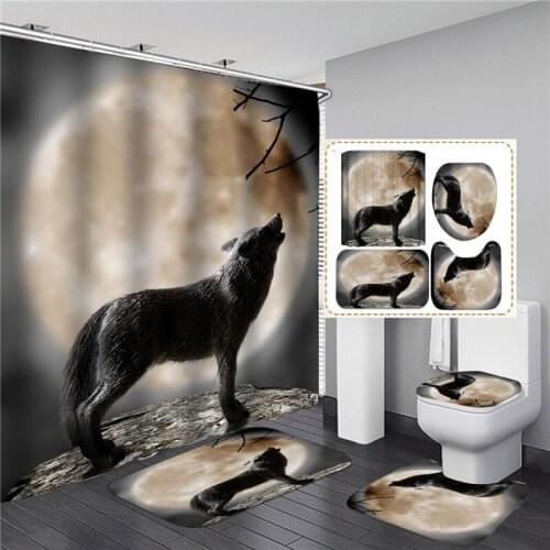 3d Printed Wolf Shower Curtain Set Waterproof Animal Bathroom Decor With Anti-slip Toilet Lid Cool Cover Mat Rug Doormat