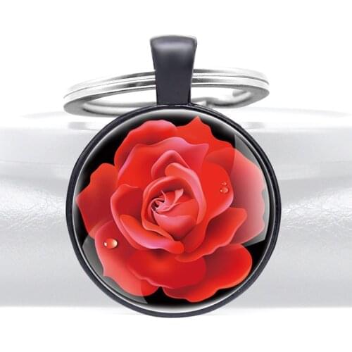 New Fashion Red Rose Design Glass Dome Metal Key Chain Charm Men Women Key Ring Jewelry Gifts Keychains
