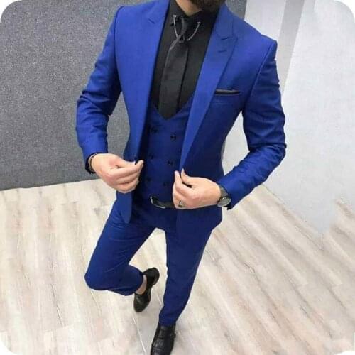 New Arrival One Button Blue Groom Tuxedos Peak Lapel Groomsmen Men Blazers 3 pieces Suits (Jacket+Pants+Vest+Tie) NO:304