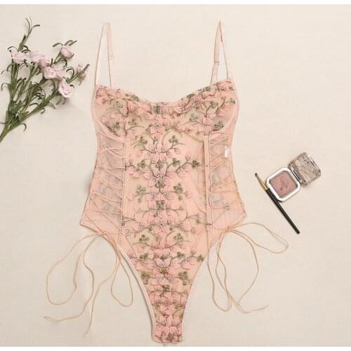 New Women Floral Embroidery Lace Bandage Bodysuit Drawstring Corset Backless Jumpsuit Porno Transparent Lingerie Sleepwear S-L