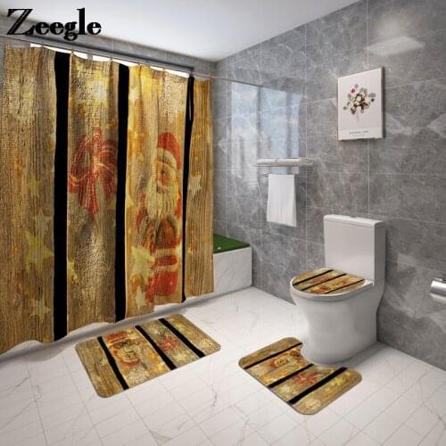 Christmas Style Bath Mat Bathroom Carpet Rug and Polyester Shower Curtain Set Non-slip Foot Rug and Home Decor Toilet Mat Set