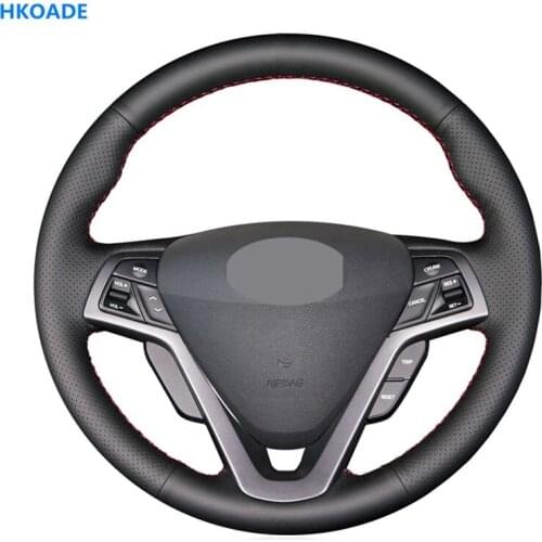 HKOADE DIY Hand-stitched Non-slip Breathable Black High Soft Leather Car Steering Wheel Cover for Hyundai Veloster 2011-2017