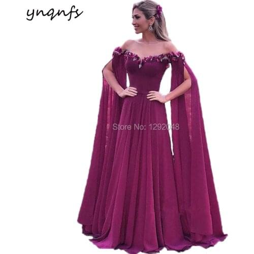 YNQNFS M178 Off Shoulder Handmade Flowers Fuchsia Formal Dress Chiffon Long Sleeve Cape Mother of the Bride Groom Dresses 2019