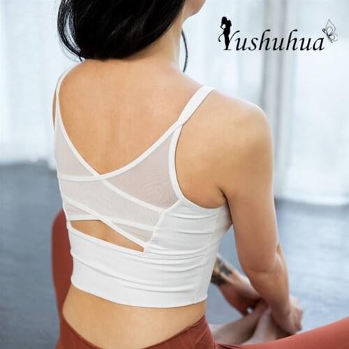 Yushuhua Sports Bra Womens Removable Pad Crop Top Wirefree Sexy Mesh Cross Back Yoga Bra Medium Support Workout Running Bra