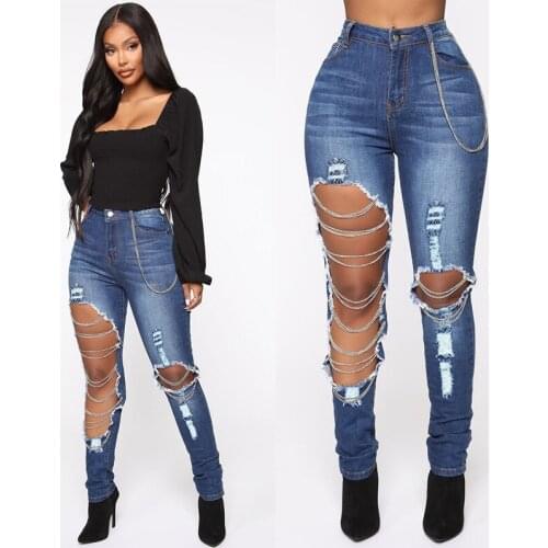 Sexy Jeans Street Women Denim Straight Leg Pants Spring And Autumn Chain Decoration Fashion High Waist Pocket Loose Casual Pants