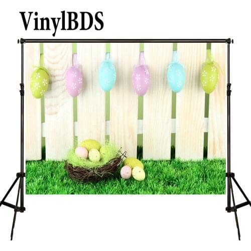 VinylBDS Easter Eggs Children Photography Backdrops White Wooden Fence Newborn Backdrop Grassland Backdrop for Photo Studio