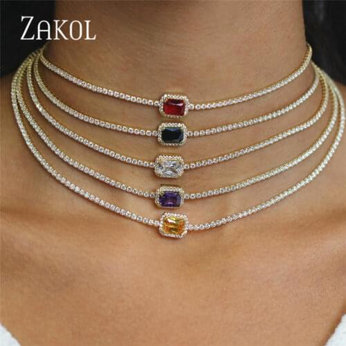 ZAKOL Brand Jewelry Fashion Rectangle Cubic Zirconia Choker Necklace For Women Girl Party Anniversary Dinner Dress FSNP2140