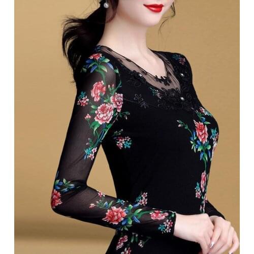 Womens Spring Summer Style Mesh Blouses Shirt Womens Embroidery Printed Long Sleeve Korean Elegant Tops SP8729