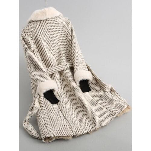 Real Winter Jacket Women Mink Collar Warm Wool Female Lamb Fur Liner Korean Tweed Coat KQN62248-1 MY1914