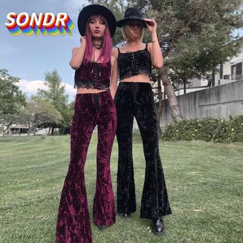 SONDR 2021 NEW Retro Womens Pants Golden Velvet Flare Pants Fashion Lace Up Suede Pants Party Flare Pants Pants
