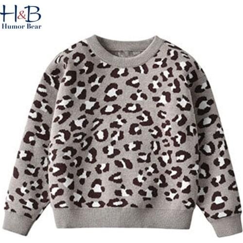 Humor Bear Girls Knitted Sweater Winter Autumn Long Sleeve Warm Casual Round-Collar Leopard Printed Kids Top