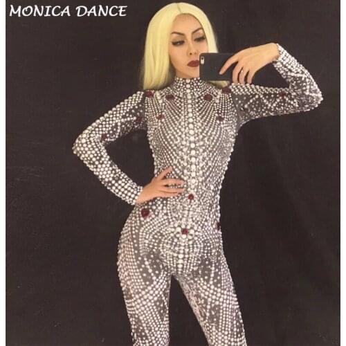2018 High Ranking Crystals Stones Women Jumpsuit Full Pearls Sparkling Rhinestones Bodysuit Nightclub Stage Wear Bling Costume