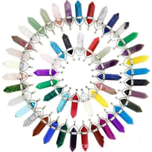 30pcs/lots Natural Crystal Stone Hexagonal Pillar Pendant Bullet Style Quartz Pendant Necklace For Men Women With 50cm Chain