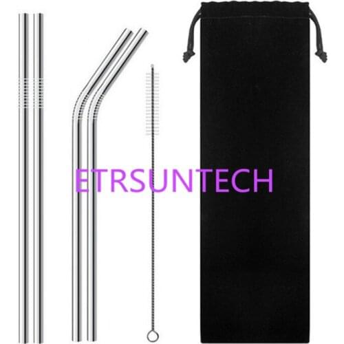 50sets/lot 4pcs 6mm Bend & straight Stainless Steel Straw Drinking Drink Straws+1pcs brush For cup 20OZ Black bag