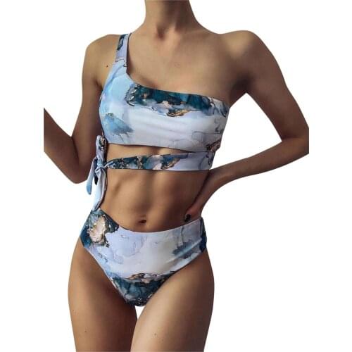 2021 New Sexy Marble Tie-Dye Printing Ladies Split Quick-Drying All-Match Swimsuit U-Neck High-Waist Bikini Women