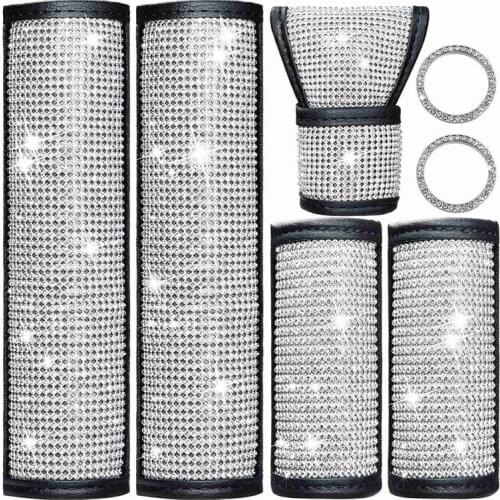 7 Pcs Car Accessories for Women Bling Rhinestones Door Handle Cover Crystal Shift Gear Cover Handbrake Cover for Car