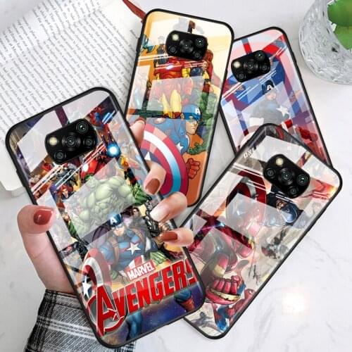 Marvel Avengers for Xiaomi POCO X3 NFC F3 M2 X2 F2 Redmi K30 Redmi Note 9 Pro Luxury Tempered Glass Phone Case Cover