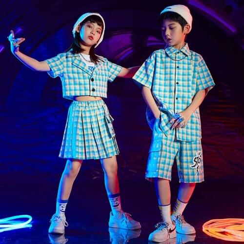 Kids Catwalk Show Stage Clothes Summer Lattice Outfit Hiphop Jazz Dancing Wear Street Dance Performance Stage Costume YS1915