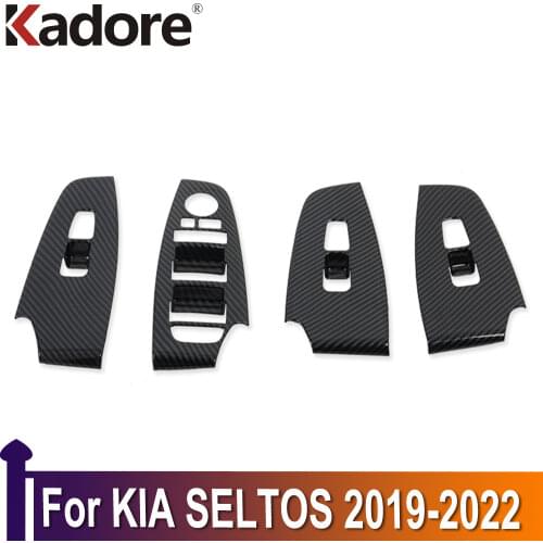 For KIA SELTOS 2019 2020 Carbon Fiber ABS Window Lift Switch Button Cover Trims Door Armrest Panel Frame Interior Accessories