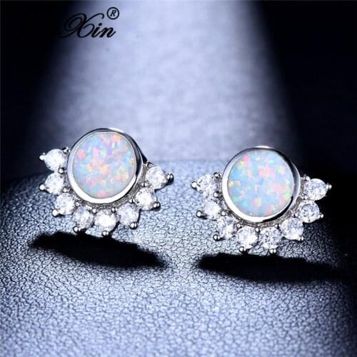 JUNXIN Round White Blue Fire Opal Earrings For Women Silver Color Rose Red Zircon Animal Claws Paw Stud Earrings