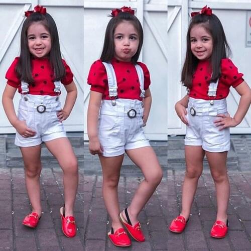 Valentines Day Toddler Kids Baby Girl Short Sleeve Heart Print T-shirt Tops White Suspender Shorts 2PCS Outfits Girls Clothes