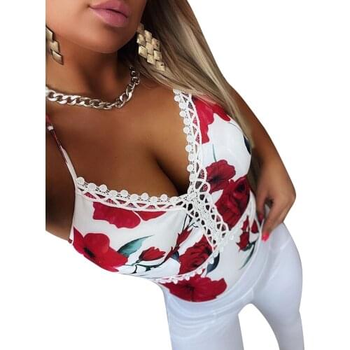 Summer Womens Lace Patchwork Camisoles Hollow Out Sexy Sleeveless Deep V-Neck Floral Print Cami Tanks Tops