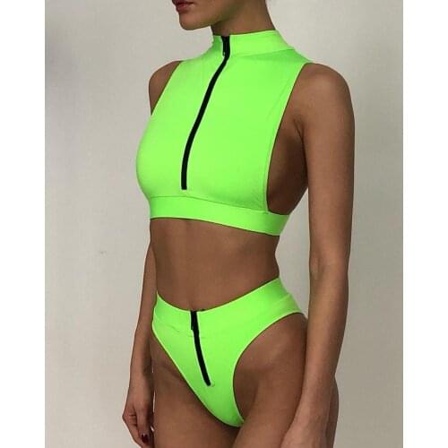 Neon Green Bikini 2021 New Zipper Swimsuit Female High Waist Swimwear Women Bathing Suit Summer Bathers Sexy Two Piece Suits