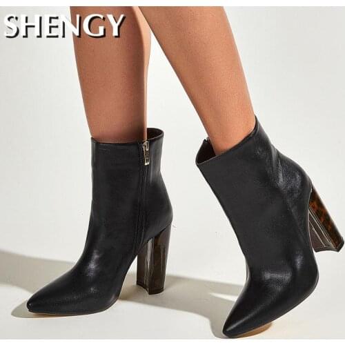 New 2020 Shoes Boots Women Winter Shoes Pointed Toe Solid Color Booties Ladies High Heel Boots Zipper Square Heel 8Cm Up Shoes