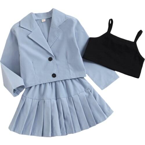 2021 Newest Arrival Girls Casual Three-piece Clothes Set, Solid Color Vest, Suit Jacket and Pleated Skirt, Black/ White