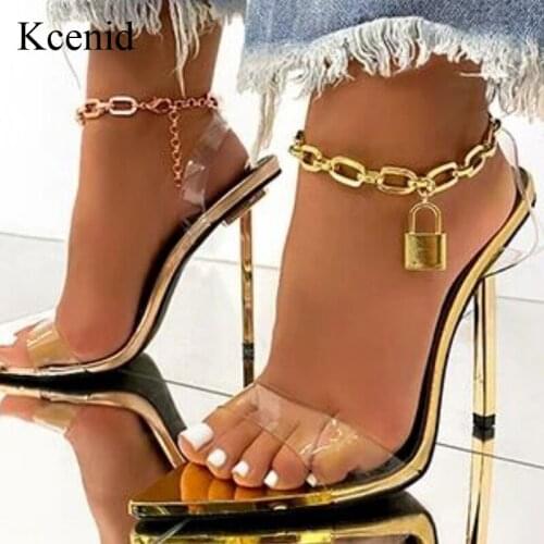 Kcenid New Sexy PVC Transparent Sandals Women Open Toe High Heels Shoes Fashion Metal Chain Ankle Strap Ladies Party Pumps Gold
