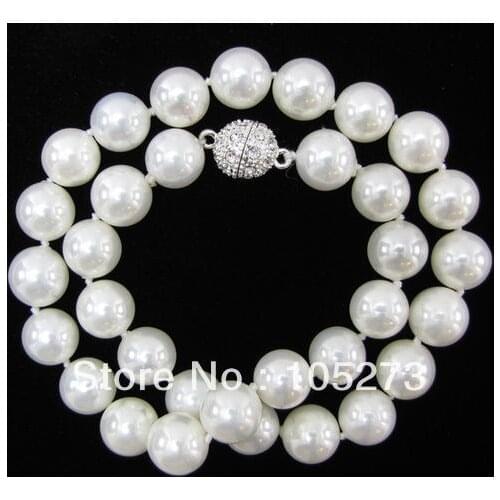 Wholesale Shell Jewelry 12MM Rainbow White Sea Shell Pearl Round Beads Necklace 18'' White Crystal Ball Magnet Clasp Free Ship